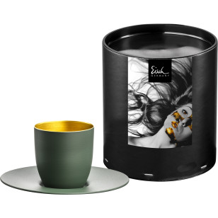 Espressoglas Cosmo Collect gold-green mit Untersetzer in Geschenkröhre